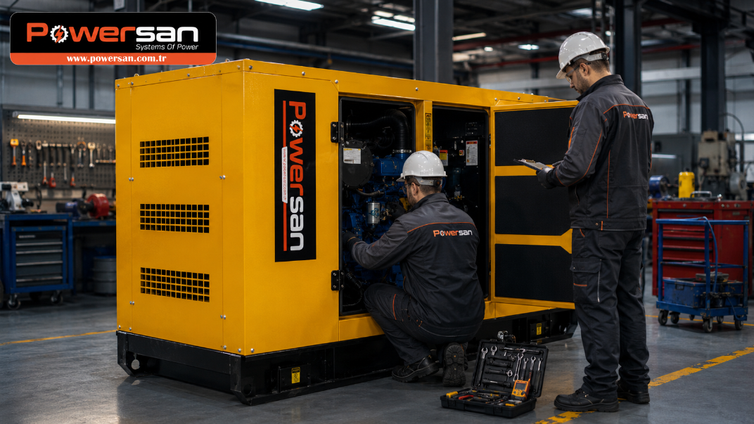 Powersan kabinli endüstriyel jeneratör setinde bakım ve saha kontrolü